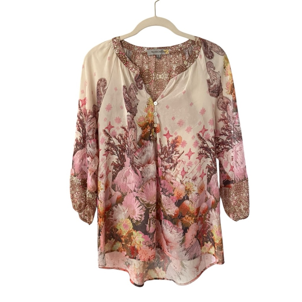Fig & Flower Boho Pink Cream Floral Blouse Size Small - Picture 5 of 16